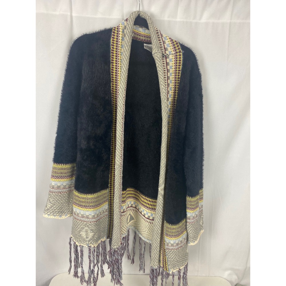 RB Fair Isle Fuzzy Knit Cardigan Sweater Black Geometric Fringe S M